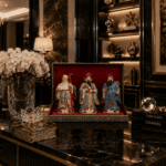 Vintage Chinese Hand-Painted Porcelain Figurines Representing The Sanxing Deities, Comes Cased in Red Velvet.