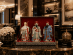 Vintage Chinese Hand-Painted Porcelain Figurines Representing The Sanxing Deities, Comes Cased in Red Velvet. - Image 3