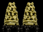Pair Of Hand-Carved Jade Soapstone Pyramid Of 7 Acrobatic Monkeys Figurines - Image 7