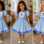 Light Blue The Proper Peony Bryar Bee Pinafore Dress Featuring Embroidered Flowers And A Gingham Ruffle Trim On The Bling Girls Daughters