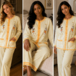 These Are Light Yellow Button-Down Pajama Sets Featuring Contrast Orange Trim And Graphic Embroidery, On The Bling Girls