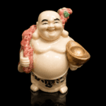Vintage Lucky Feng Shui Laughing Buddha Figurine With Gold-Leaf Yuan Bao