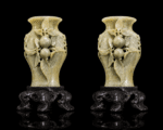 Pair Of Hand-Carved Jade Soapstone Bud Vase With Peaches Figurines - Image 7